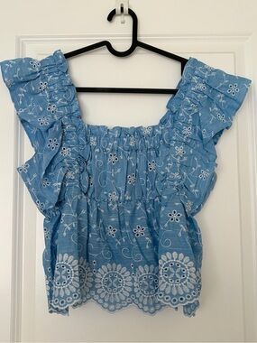 Zara Light Blue Embroidered Ruffle Crop Top